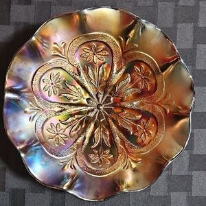 'Flowers & Frames' Black Amethyst Ruffled Electric Blue/Gold Carnival Glass Bowl